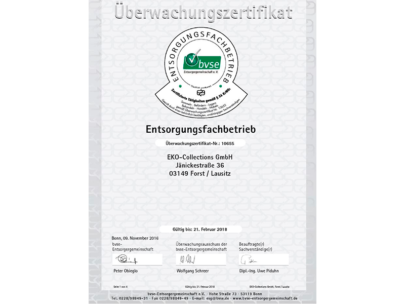 BVSE Zertifikat 2015 der EkoCollections GmbH